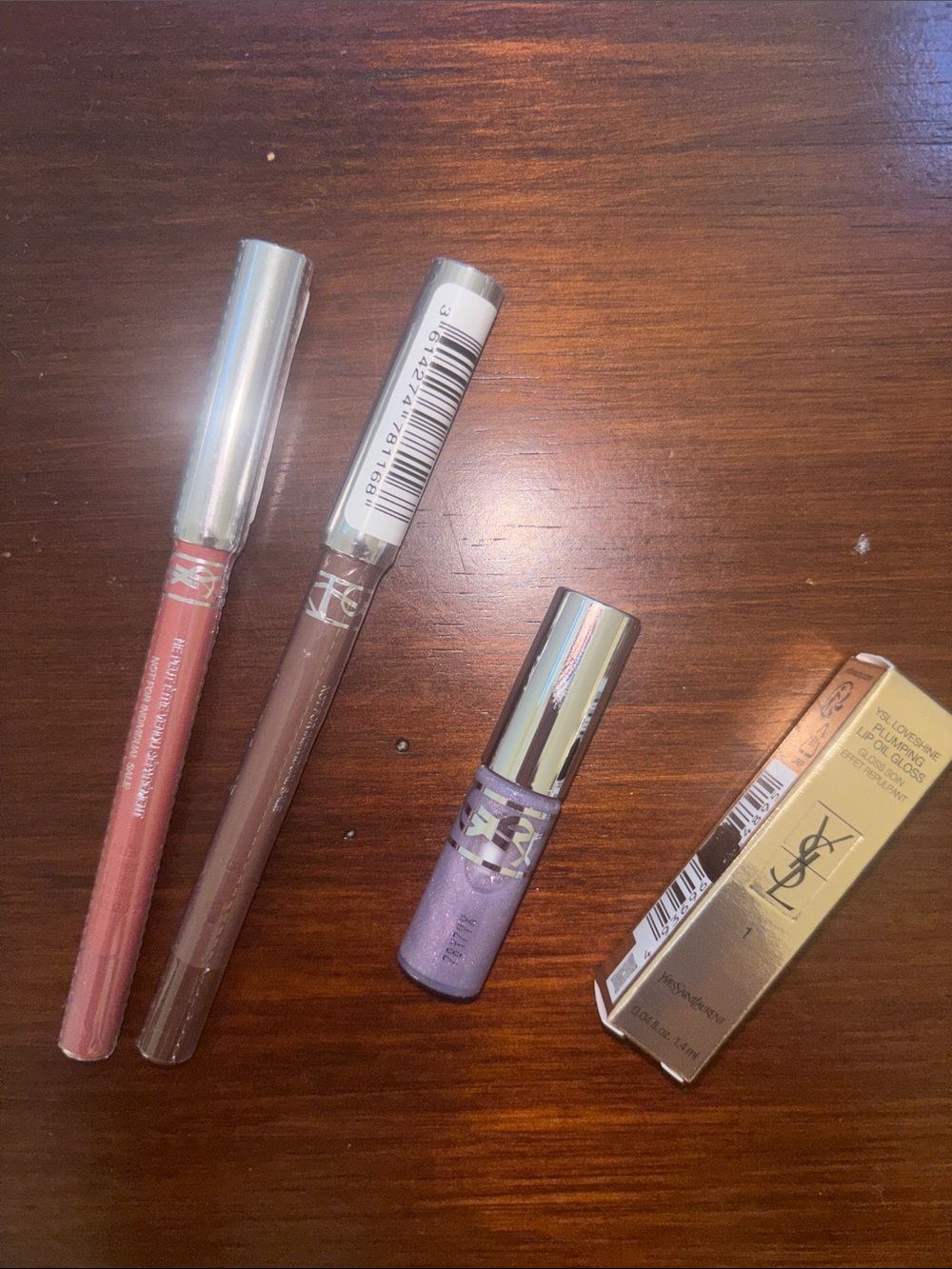Yves Saint Laurent Purple Shimmer Lip oil with Brown and Pink Lip Liners